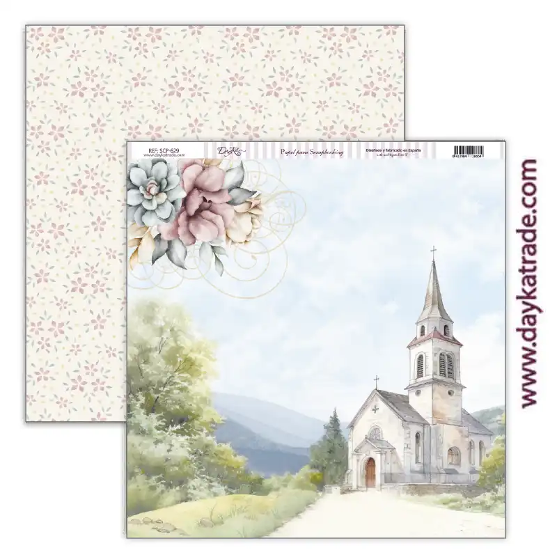 Papel scrap paisaje con iglesia y flores colección “En Comunión con la naturaleza”niña 30,5x30,5cm SCP-629