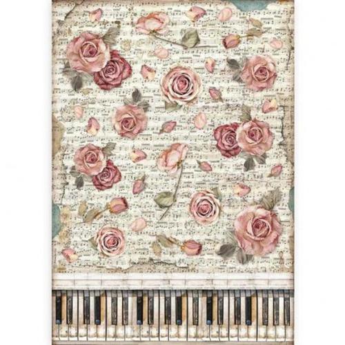 Papel de Arroz Passion rosas y piano A3 Stamperia
